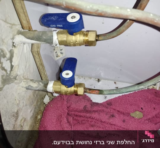 שני ברזי פליז עם ידיות כחולות בצנרת